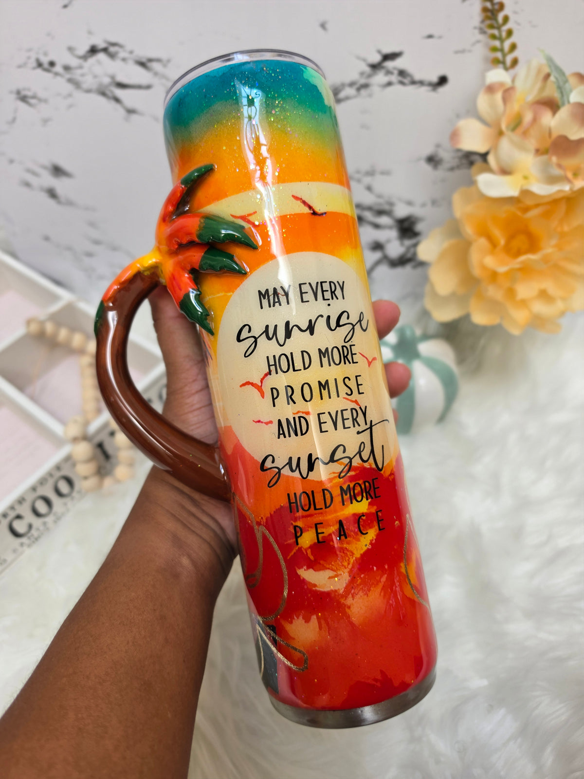 30 oz Tropical Sunset Sunrise Tumbler with Sculpted Palm Tree Handle The Excellence's Store