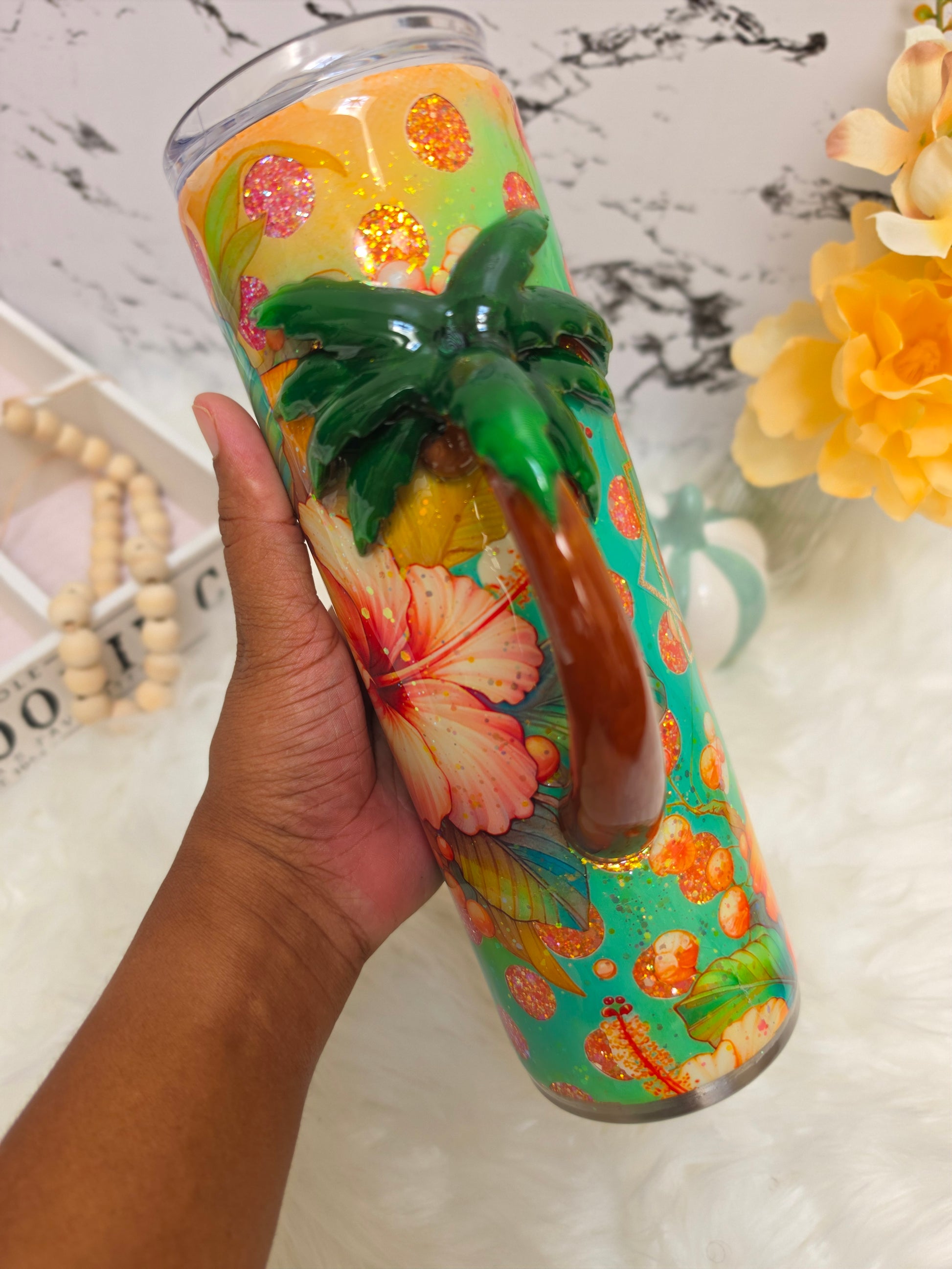 30 oz Tropical Vibes Tumbler with 3D Palm Tree Handle The Excellence's Store