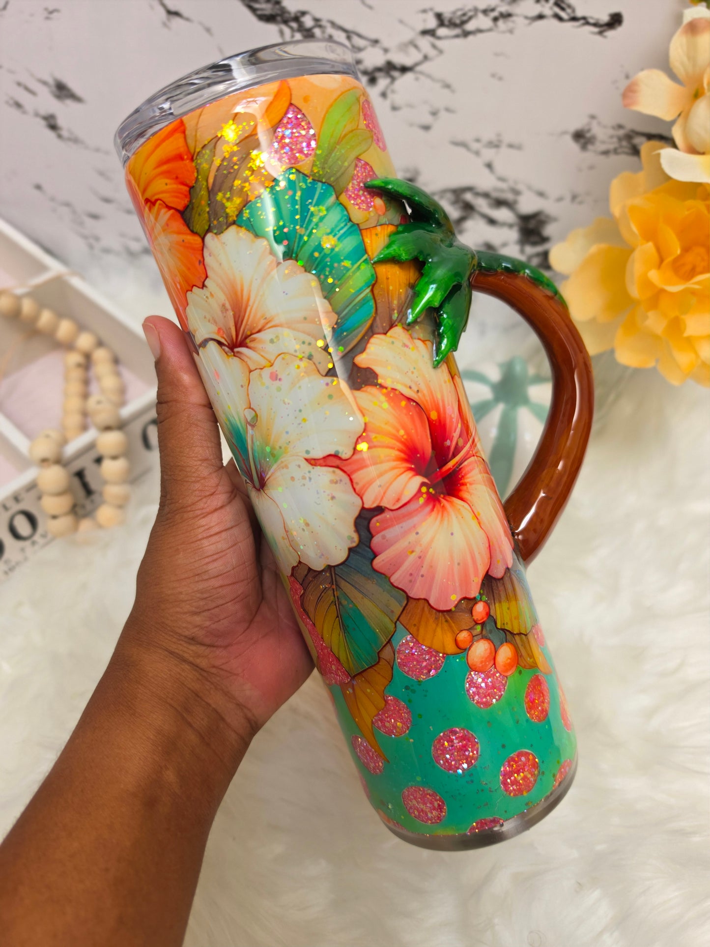30 oz Tropical Vibes Tumbler with 3D Palm Tree Handle The Excellence's Store