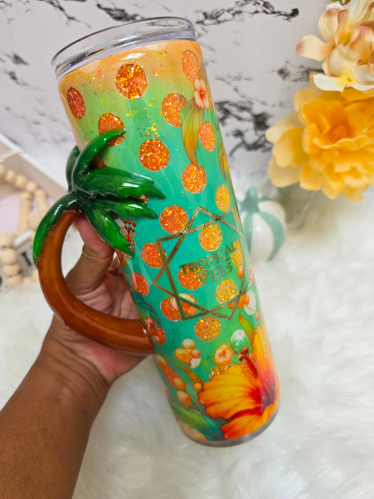30 oz Tropical Vibes Tumbler with 3D Palm Tree Handle The Excellence's Store