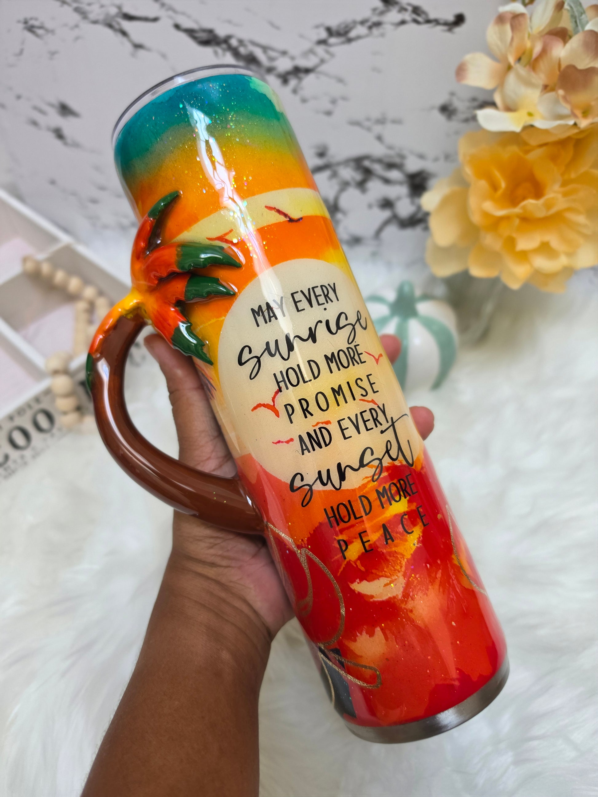 30 oz Tropical Sunset Sunrise Tumbler with Sculpted Palm Tree Handle The Excellence's Store