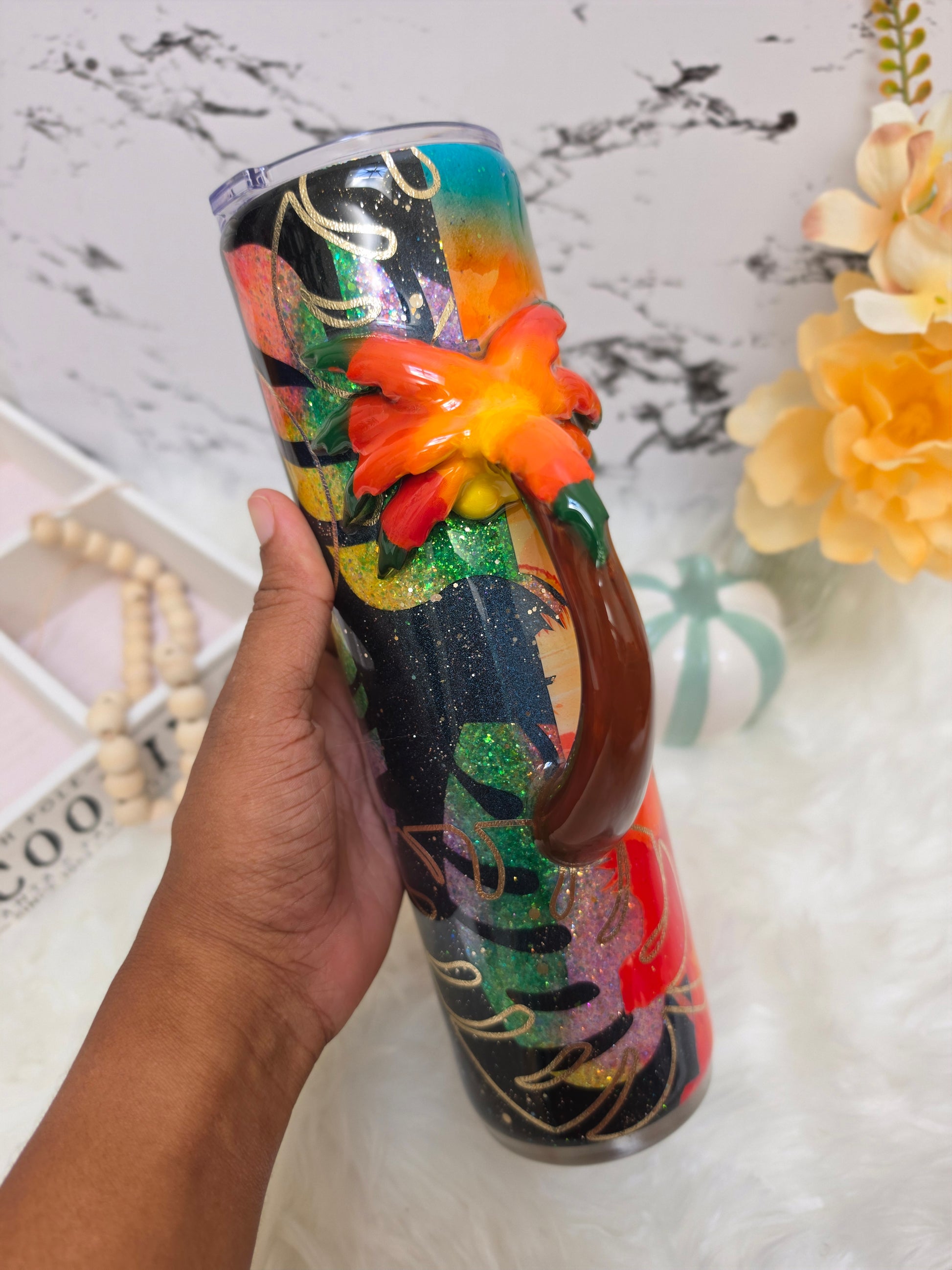 30 oz Tropical Sunset Sunrise Tumbler with Sculpted Palm Tree Handle The Excellence's Store