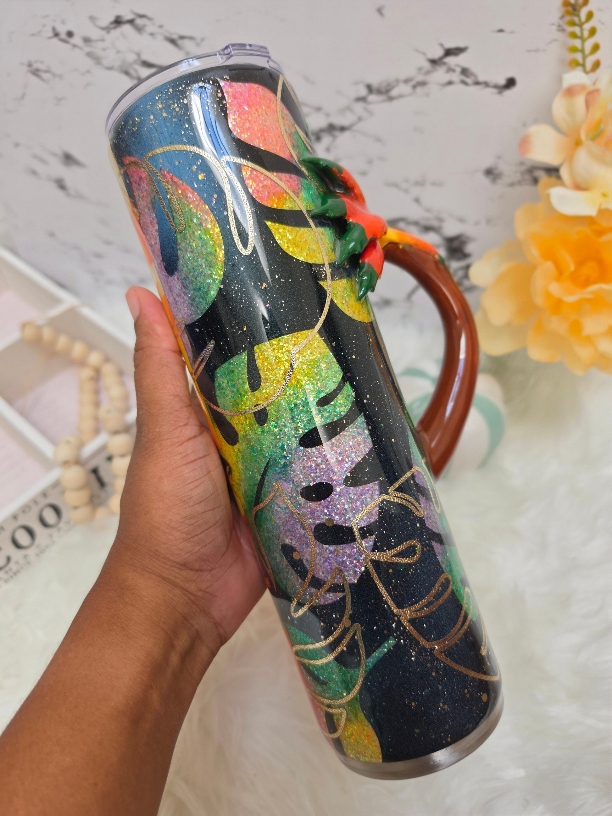 30 oz Tropical Sunset Sunrise Tumbler with Sculpted Palm Tree Handle The Excellence's Store