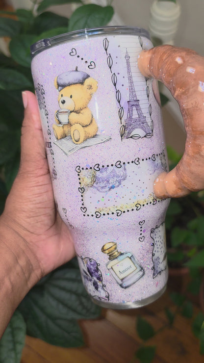 24 oz Paris Bear themed tumbler w/Croissant Handle