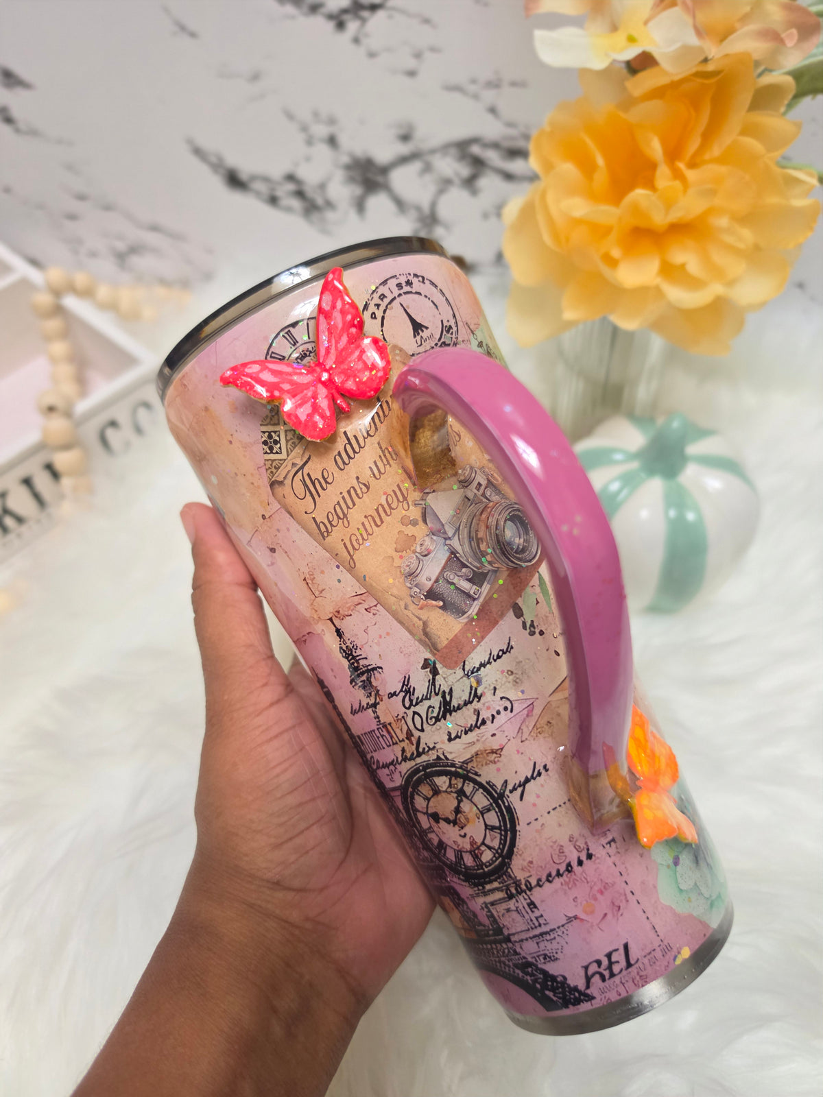 24oz Tapered Tumbler – Paris Travel themed w/ 3D Butterfly The Excellence's Store