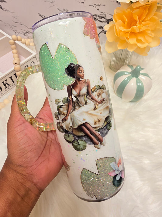 24oz Custom Princess & the Frog Tumbler w/Glitter Foil Handles | Glow in the Dark Peek-a-boo Flowers and Lily Pad The Excellence's Store