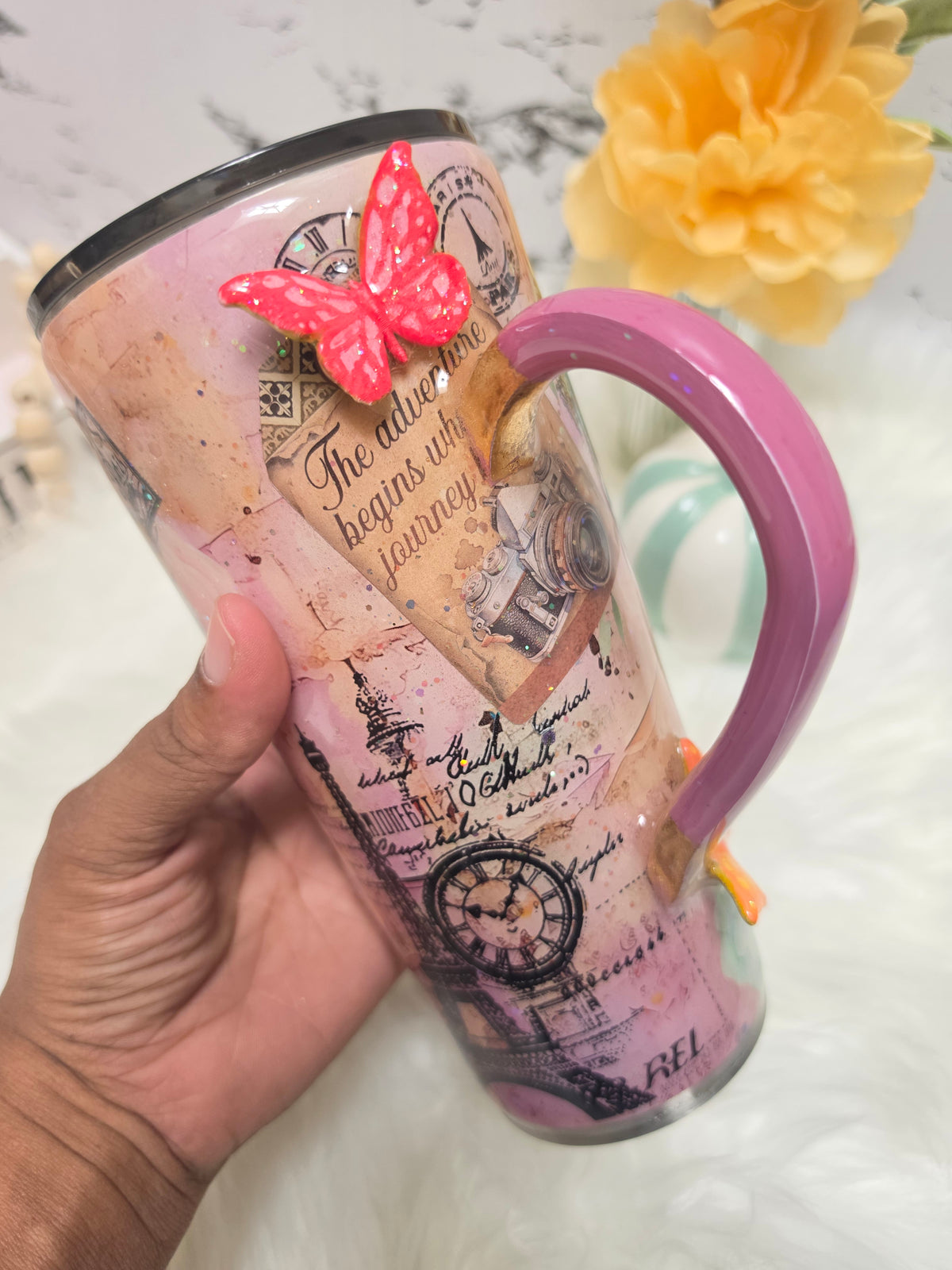 24oz Tapered Tumbler – Paris Travel themed w/ 3D Butterfly The Excellence's Store