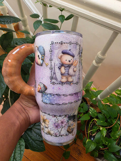 24 oz Paris Bear themed tumbler w/Croissant Handle The Excellence's Store