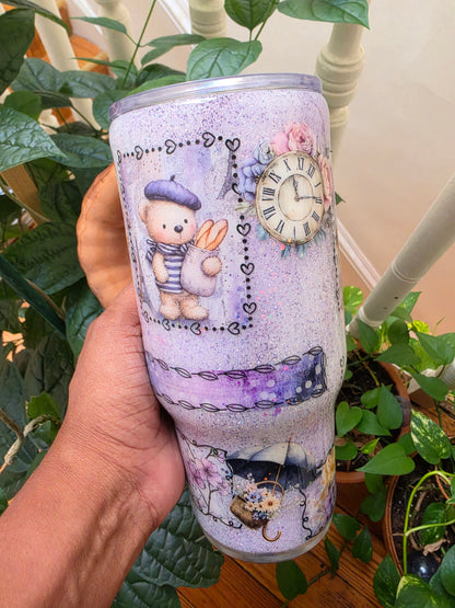 24 oz Paris Bear themed tumbler w/Croissant Handle The Excellence's Store