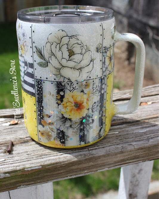 Honeycomb Patchwork 10oz Glitter Tumbler Mug – Bee | Floral Gift