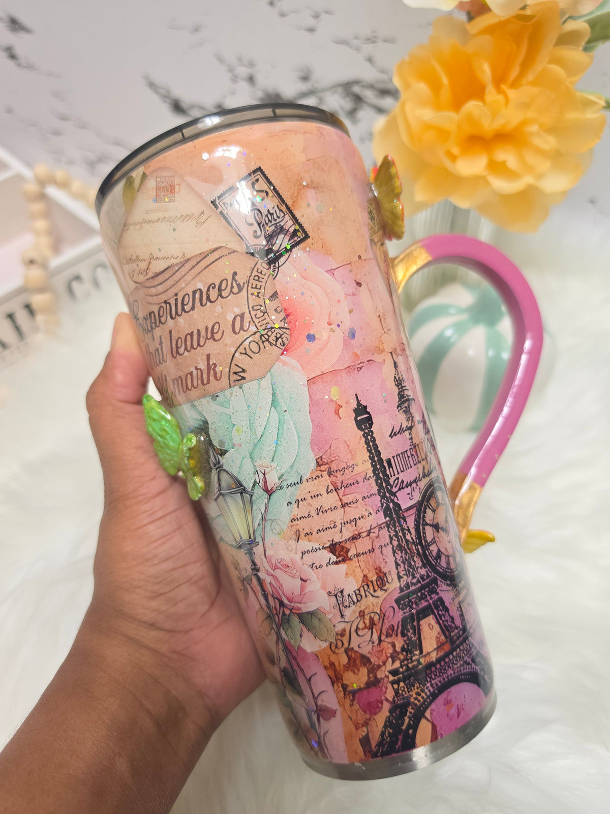 24oz Tapered Tumbler – Paris Travel themed w/ 3D Butterfly The Excellence's Store