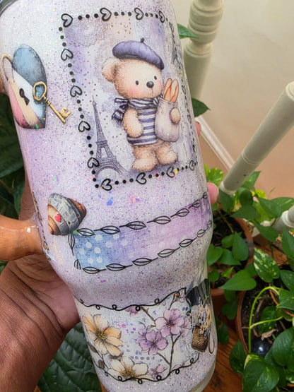 24 oz Paris Bear themed tumbler w/Croissant Handle The Excellence's Store