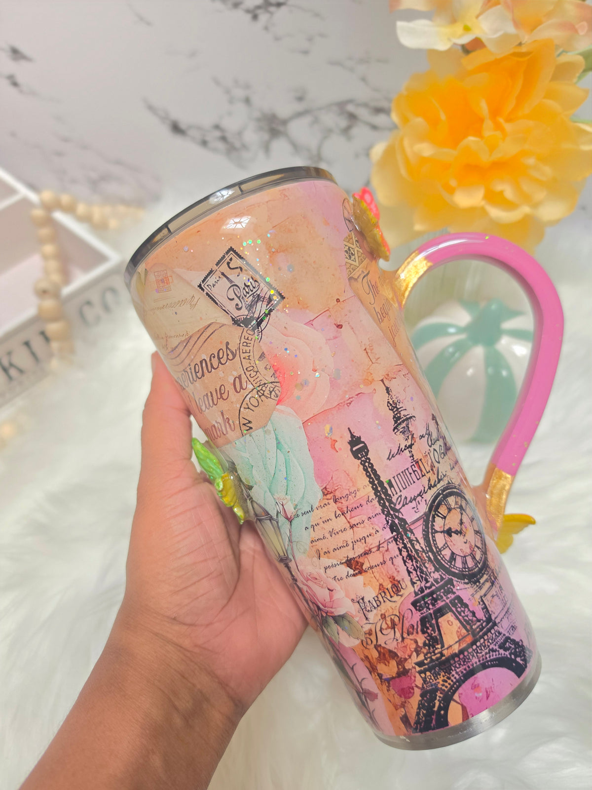 24oz Tapered Tumbler – Paris Travel themed w/ 3D Butterfly The Excellence's Store