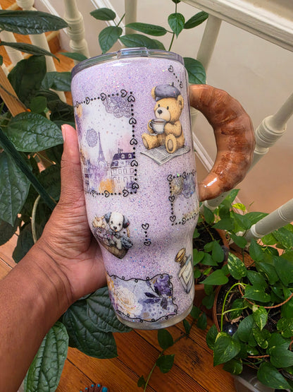 24 oz Paris Bear themed tumbler w/Croissant Handle The Excellence's Store