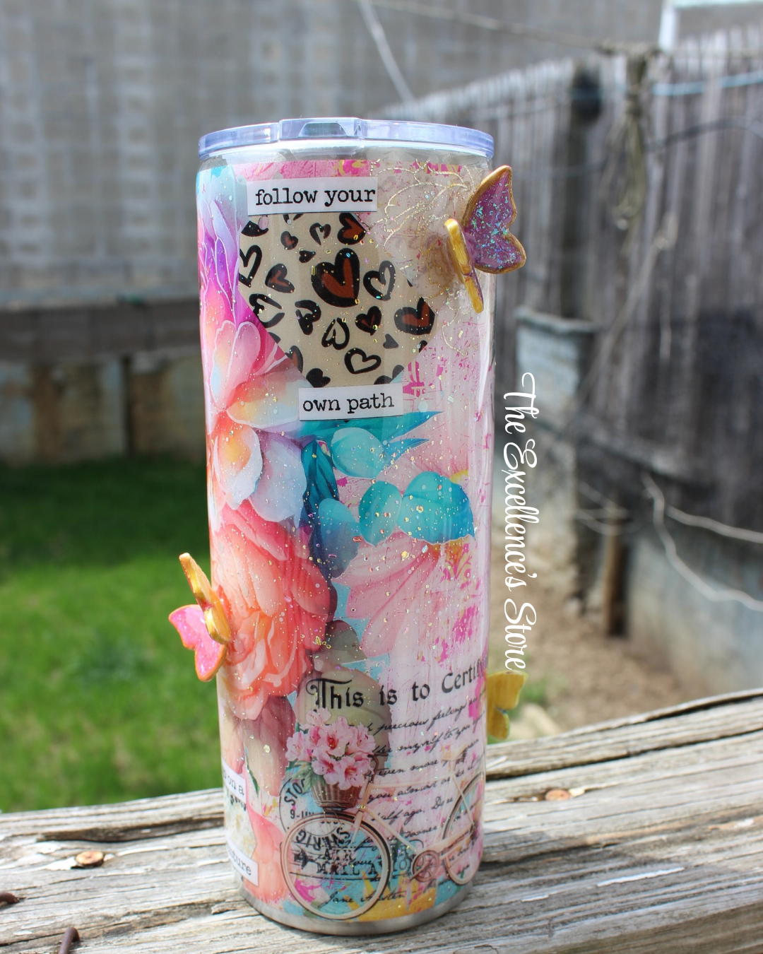 Vintage Paris & Floral Mixed Media Design w/ 3D Butterfly Accents | 24 oz Tumbler