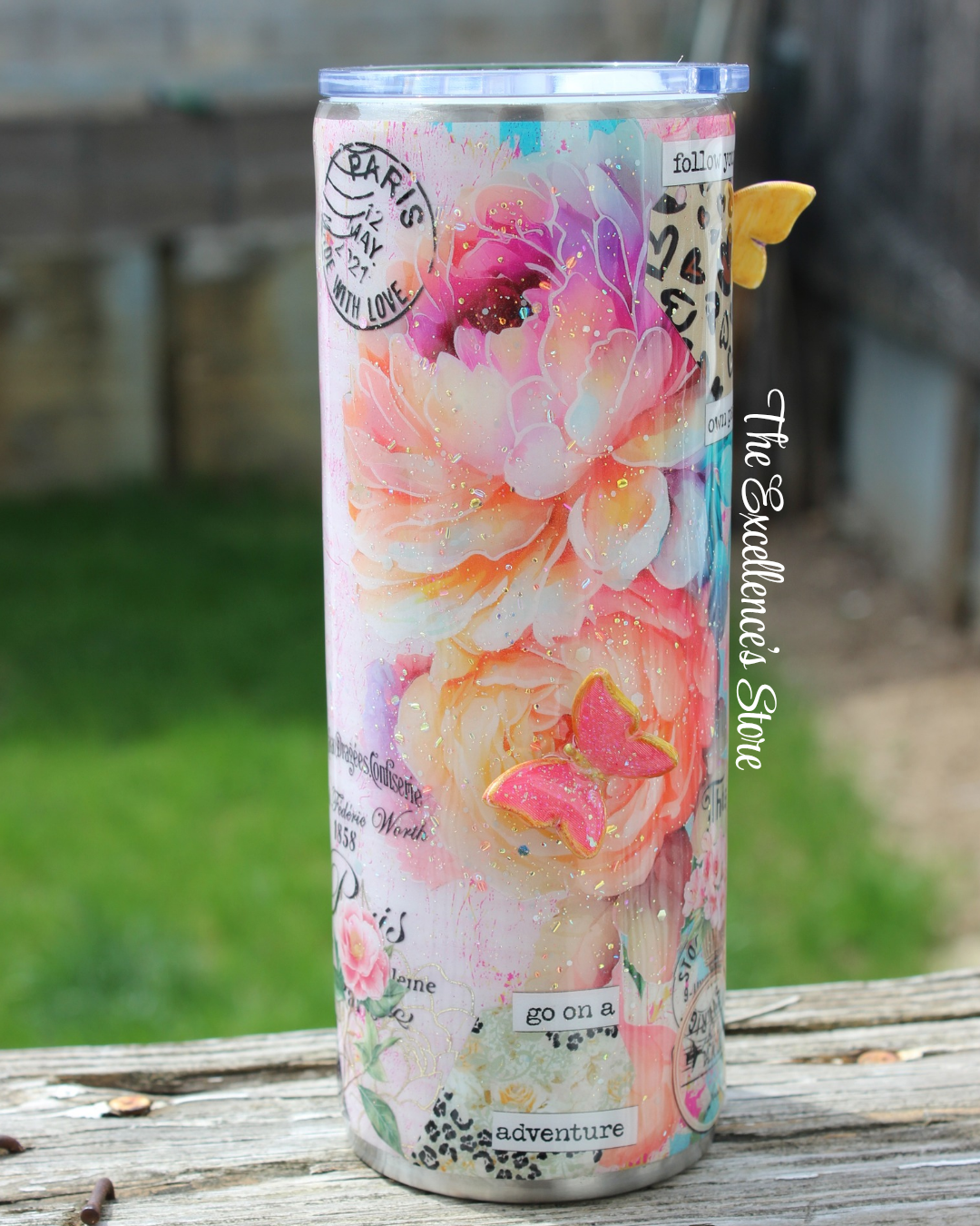 Vintage Paris & Floral Mixed Media Design w/ 3D Butterfly Accents | 24 oz Tumbler