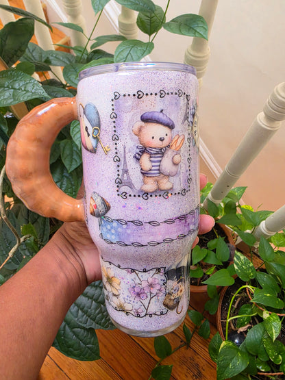 24 oz Paris Bear themed tumbler w/Croissant Handle The Excellence's Store
