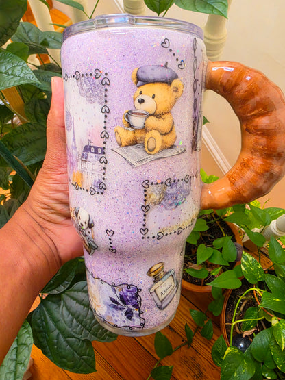 24 oz Paris Bear themed tumbler w/Croissant Handle The Excellence's Store